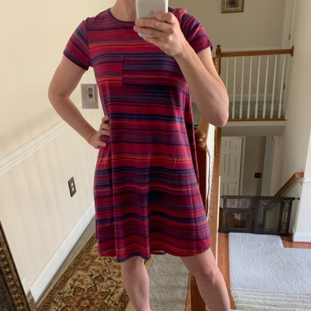NWT LulaRoe Carley Hi-Low Short Sleeve Dress Pink Purple Stripe Women's XS New